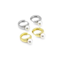 CZ Gold Silver Pearl Hoop Earrings, Sku#B360 - $3.99