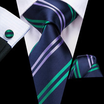 Blue (with Green &amp; Lavender Stripes) Necktie Set (includes Hanky and Cuf... - £15.97 GBP