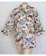 Chico&#39;s Size 1 M Linen Off White Colorful Bird Butterfly Stamps Button F... - €15,45 EUR