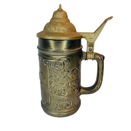 STEIN German Ein Prosit Der Gemutlichkeit Molded Glass Plastic Lid Beer ... - $10.27