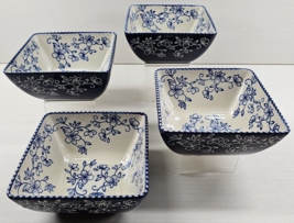 (4) Temp-Tations Floral Lace Blue Square Soup Cereal Bowls Set White Flowers Lot - £54.41 GBP