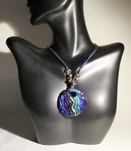 Glass Pendant Necklace with Iridescent Peacock Colors - £15.71 GBP