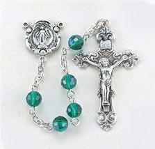 Emerald Tin Cut Crystal Rosary Sterling Silver Miraculous Medal Catholic Gifts - £97.05 GBP