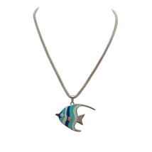 Vintage Fish Pendant Necklace with Silver Tone Mesh Chain &amp; Aqua Enamel ... - $28.06