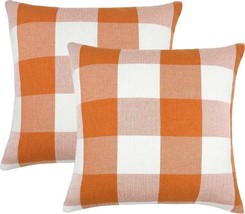 Throw Pillow Covers 2-PC Set Farmhouse Buffalo Check Plaid 18x18-in Orange White - £9.30 GBP