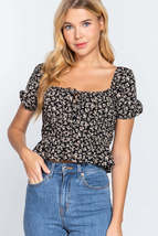 Black Casual Short Sleeve Floral Shirring Print Woven Top_ - £7.99 GBP