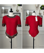 NWT NOS Laurence Kazar Beaded Sequin Short Sleeve Silk Top Red L - €52,52 EUR
