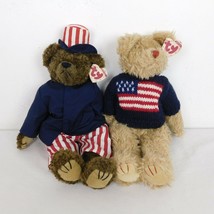 TY 1993 Patriotic Jointed Attic Bears Grant &amp; Lg. Bear Red White Blue Flag 14&quot; - £15.45 GBP