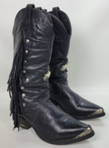 Vintage Harley Davidson Womens High Fringe Western Boots Black Leather USA 8.5 - £194.69 GBP