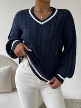 Trendy Tron Striped Trim Cable Knit Drop Shoulder Sweater - $32.94