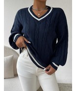 Trendy Tron Striped Trim Cable Knit Drop Shoulder Sweater - $614.00 MXN
