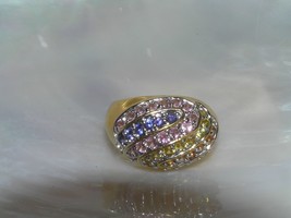 Estate 925 Marked Goldwashed Silver Domed Band w Colorful Channel Set Rhinestone - £14.56 GBP