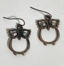 Sparkly Owl Dangle Hook Pierced Earrings Rhinestone Eyes Bronze Tone Hal... - £7.82 GBP