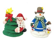 Polymer Clay Christmas Figurine Set Santa Christmas Tree &amp; Snowman Whimsical - £13.97 GBP