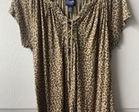 Chaps Knit Top Womens Medium Brown Leopard Print Cap Sleeve Lace Up Viscose - $13.74