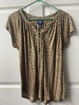 Chaps Knit Top Womens Medium Brown Leopard Print Cap Sleeve Lace Up Viscose - $13.74