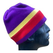 Vintage Smiley Hats Wool Striped Knit Beanie Cap Purple Yellow Red Nevada USA - £23.49 GBP