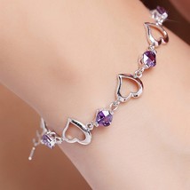 High Quality  925 Silver Colour Bracelet Heart Purple Crystal Zircon Bracelet Fo - £14.21 GBP