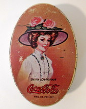 Vintage 1970s Coca Cola Lady in Hat Oval Lidded Trinket Box Tin Marked HK - $10.00