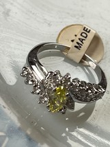 Silvertone Band w Lemon Yellow Marquis Rimmed in Clear Rhinestones Cocktail Ring - £10.43 GBP
