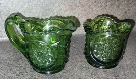 Vintage L.E. Smith Toy Sugar &amp; Creamer Antique Green Glass #3520 Hobstar... - £31.06 GBP