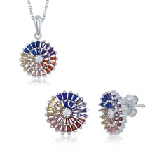 Sterling Silver Rainbow Baguettes CZ Round Disc Pendant and Earrings Set - £64.54 GBP