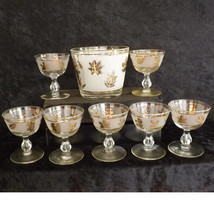 Libbey Stemmed Sherbet/Ice Cream Glasses Bowls &amp; Ice Bucket Vintage Gold Leaf   - £27.96 GBP