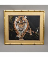 Signed Painting on Silk Hand Painted Asian Tiger Cat Vintage Framed - $189.59