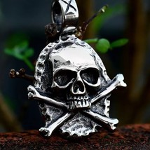 Punk Silver Skull Crossbones Pendant Necklace Retro Rock Jewelry Stainless Steel - £8.69 GBP