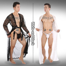 Men Sexy Sheer Lace Robe Bathrobe Pajamas See-through Night Gown w/ Thong - £14.24 GBP