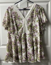 Torrid Top  Plus Size 2X Floral Short Sleeved Lace Boho Flutter Sleeve V Neck - £13.31 GBP