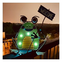 Solar Frog Figurine Metal LED 12" High Holding Welcome Sign Green Porch Garden image 2