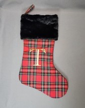 Monogram Initial Letter T Red Plaid &amp; Faux Fur Christmas Stocking 19&quot; Ho... - £19.33 GBP