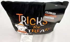 NEW Halloween Small Throw Pillow Dog Witch w/ Candy Pail Tricks For Treats Black - £11.72 GBP