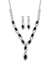 Marquise Cut Black White Crustal Halo Earrings And Necklace Set Silvertone - £55.35 GBP