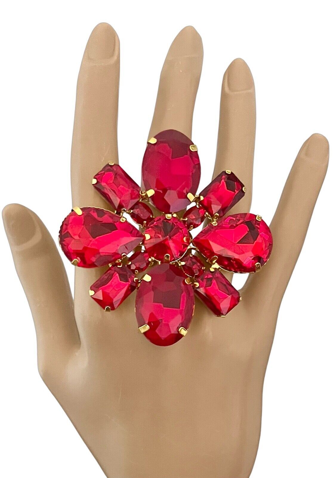 2.25" D Red Cluster Crystal Oversized Statement Party Ring Costume Stage Jewelry - $26.60