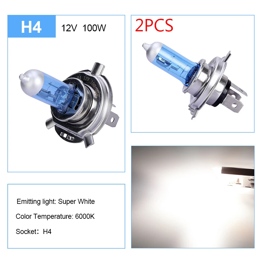 2Pcs H4 100W 6000K Halogen Bulb super white  high Low Beam Light Auto Headlight  - £111.09 GBP