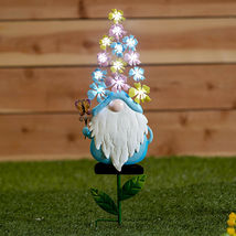 Solar Lighted Multi-Colored Flower Gnome w/ Butterfly Metal Garden Stake - £52.74 GBP