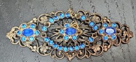 Art Deco Czech Glass Brooch Pin Cobalt Blue Glass Open Work Silver Tone ... - $39.59