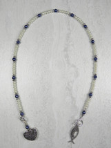 Blessed Heart Beaded Thong Bookmark Glass Pearl Handmade Navy Ecru New - $15.83