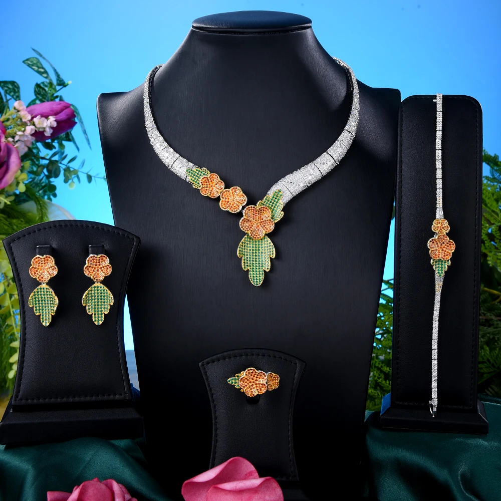 Famous Brand Flowers Drop Luxury Indian Jewelry Set For Women Wedding Party Zirc - $202.60