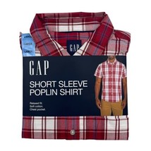 Gap NWT Men&#39;s Short Sleeve Button Front Poplin Shirt Red Plaid Large - $11.87