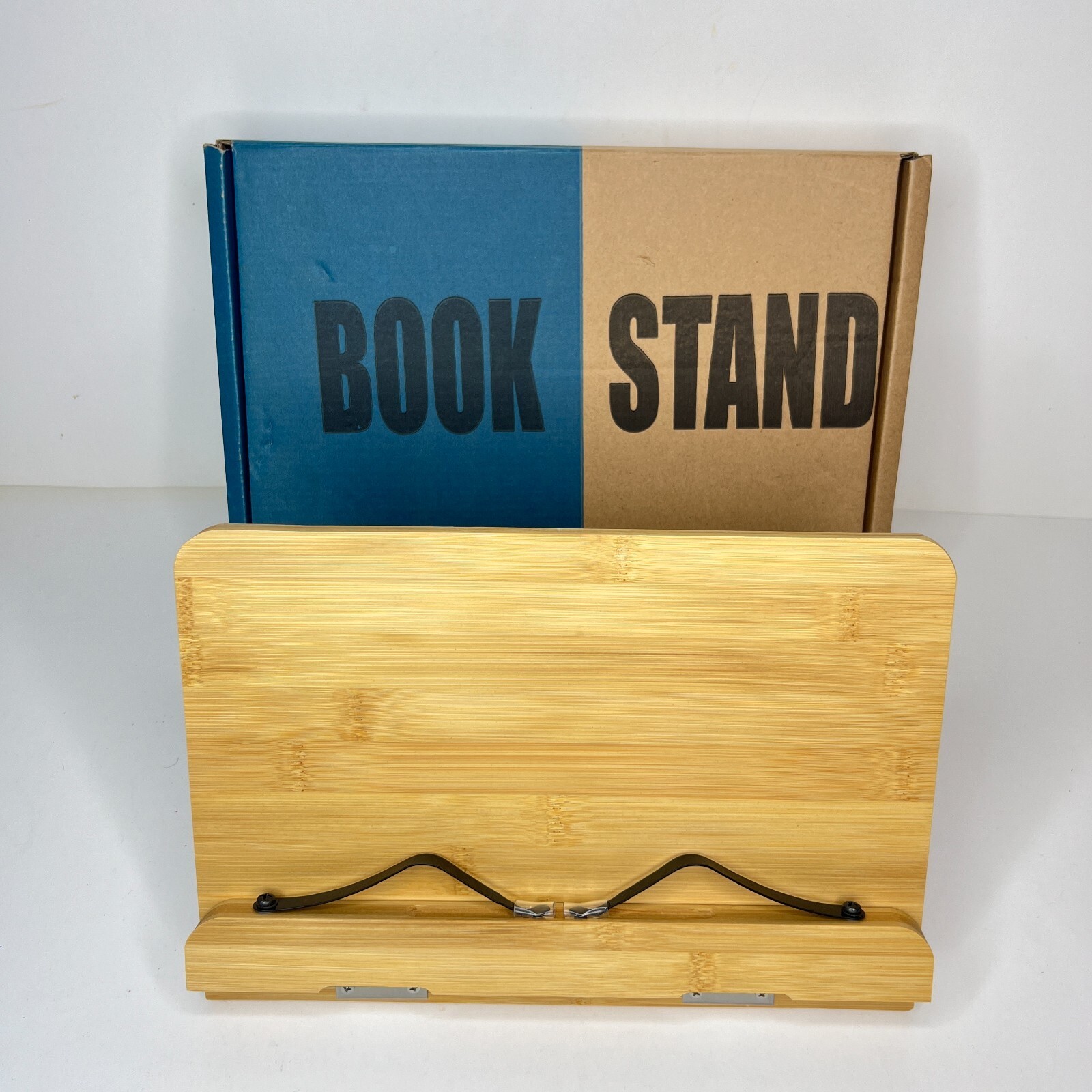 Bamboo Book Stand Adjustable Cookbook Holder Tablet Tray Page Paper Clips - $16.41