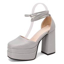  ladies pumps round toe chunky heel 12cm double platform 4cm crossover strap party sexy thumb200