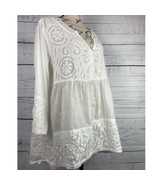 Tantrums Tunic High Low Top Womens XL White Applique 3/4 Sleeves V Neck ... - $29.69