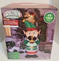 Gemmy Elf Playing Trumpet, 6&#39; LED Lights Airblown Inflatable Yard Holiday Décor  - £66.66 GBP