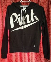 Victoria&#39;s Secret Pink Black Zip Up Hoodie Size Small Logo White Spelled... - £10.75 GBP