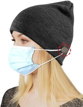 Winter Knit Acrylic Beanie Hat,with 4 Extra Buttons to Hold Face Mask Black - £10.82 GBP