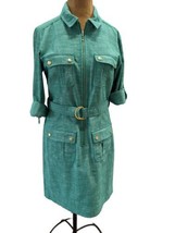 Sharagano Shirt Dress Linen Belt Zip Green Roll Tab Sleeve Cargo Pockets  Size 5 - £39.47 GBP
