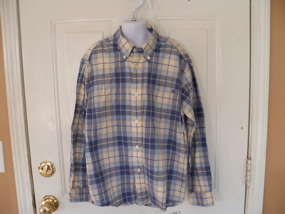 Tommy Hilfiger Blue Plaid Long Sleeve Dress Shirt Size Medium Boy's EUC - $14.60